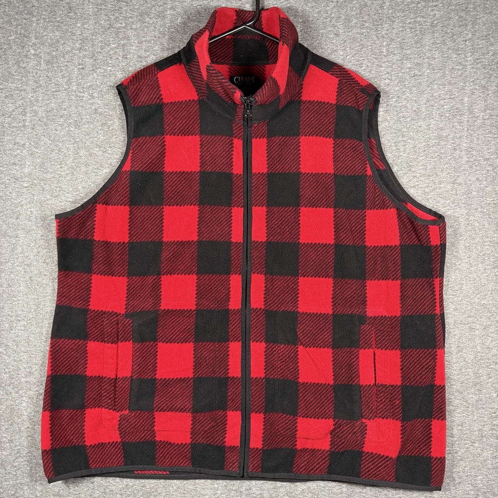 Chaps Vest Mens 2XL Red Black Fleece Full Zip Buffalo Plaid Outdoor Warm Preppy
